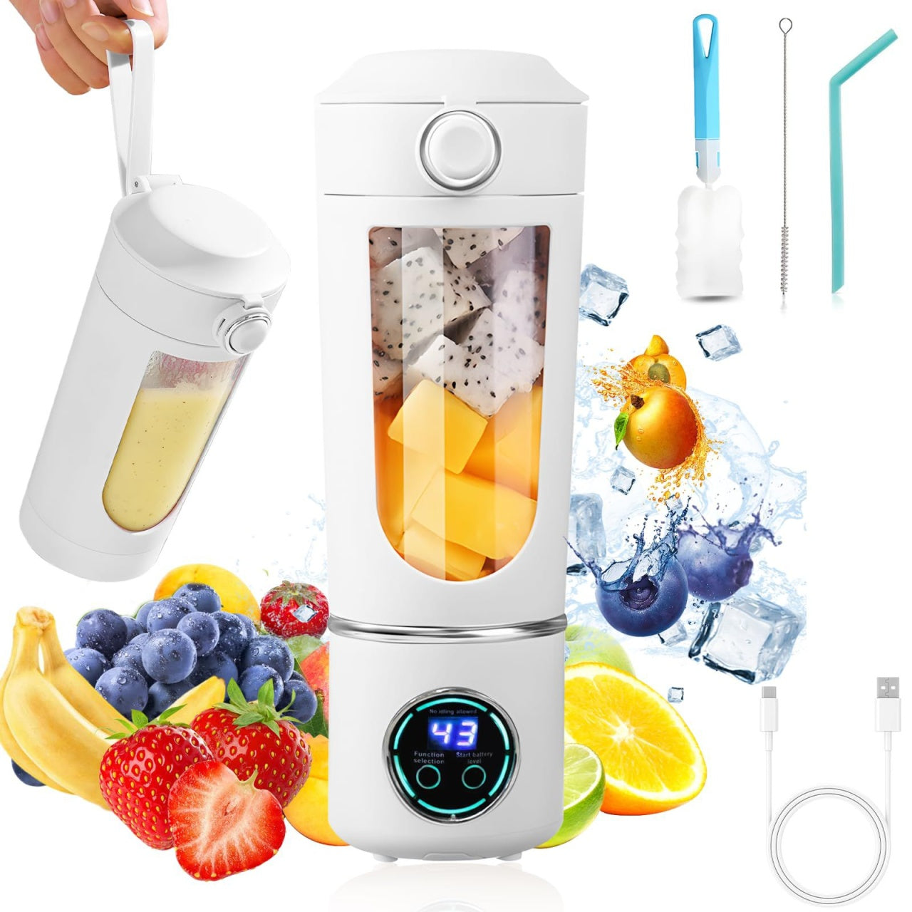 Blender portabil wireless 700ml cu 12 lame, 4 viteze si incarcare USB Type-C, alb