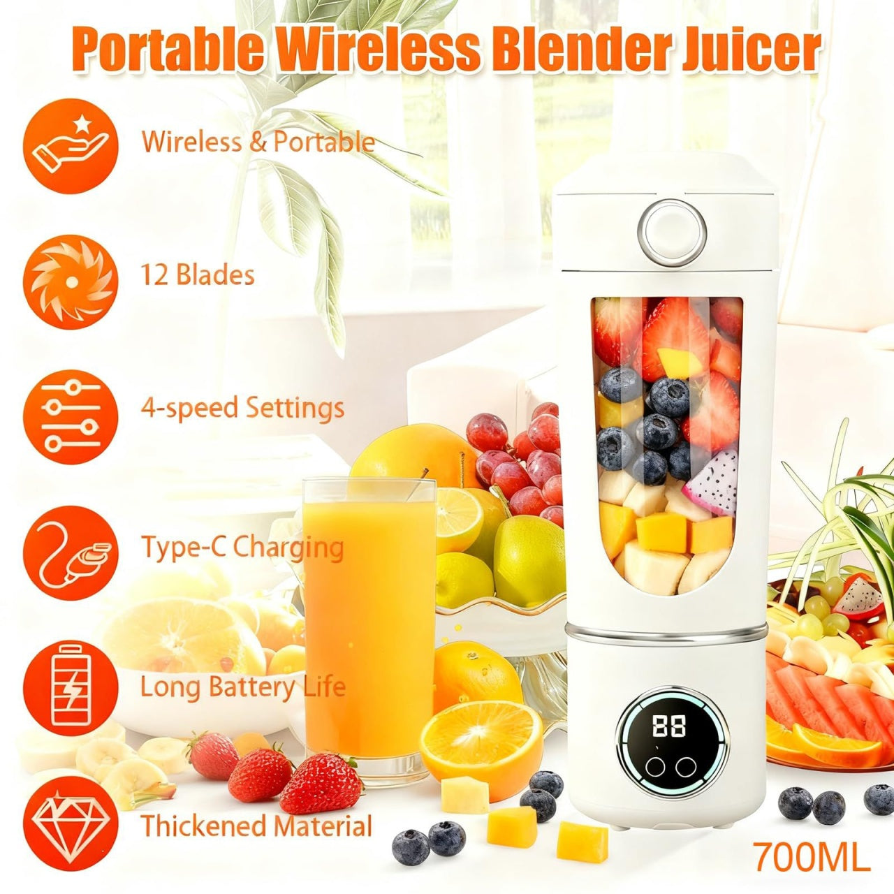 Blender portabil wireless 700ml cu 12 lame, 4 viteze si incarcare USB Type-C, alb