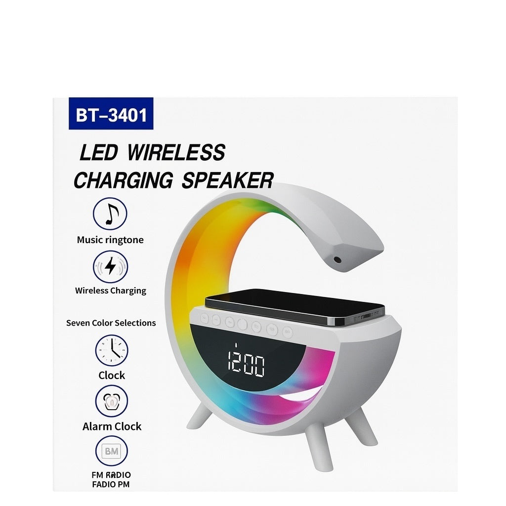 Boxa LED BT-3401 cu incarcare wireless, ceas digital si alarma, RGB 7 culori