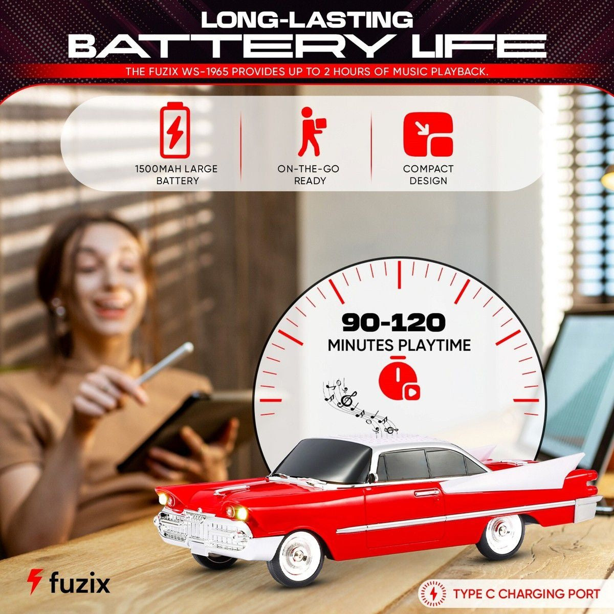 Boxa portabila Bluetooth masina retro, radio FM, USB, TF, AUX, LED, Type-C, rosu