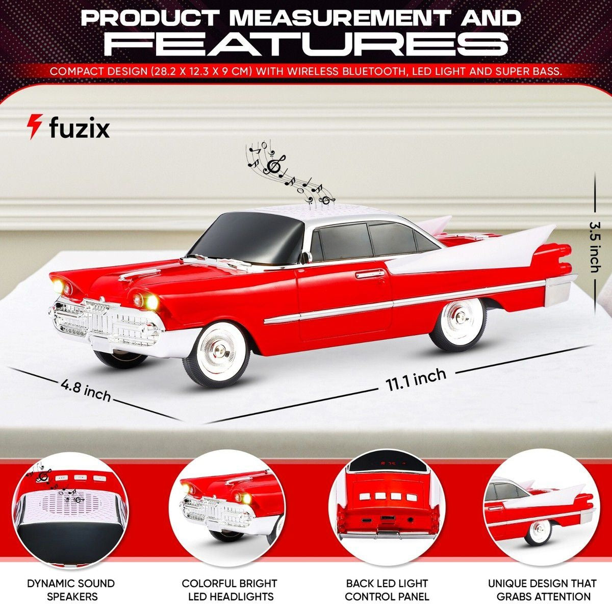 Boxa portabila Bluetooth masina retro, radio FM, USB, TF, AUX, LED, Type-C, rosu
