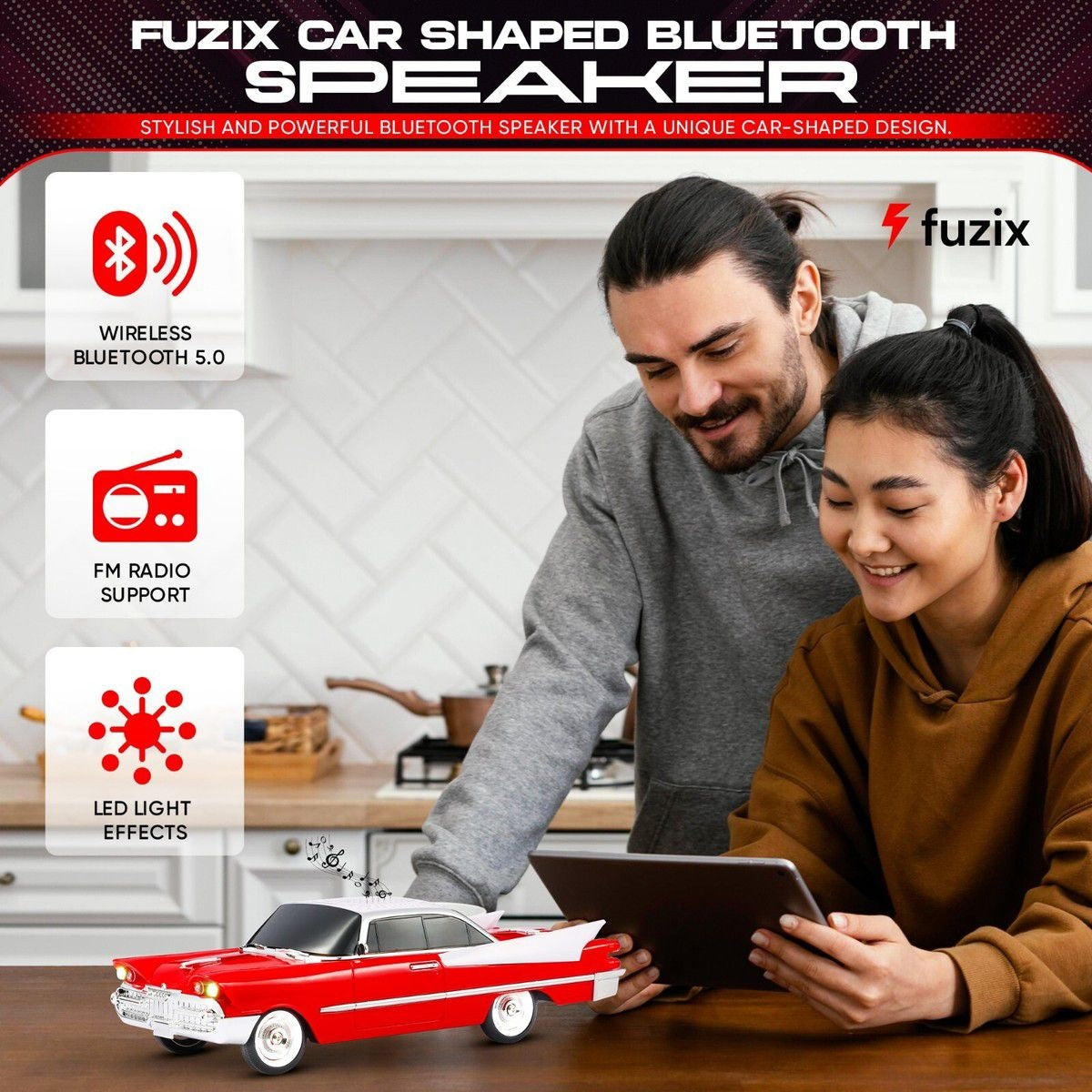 Boxa portabila Bluetooth masina retro, radio FM, USB, TF, AUX, LED, Type-C, rosu