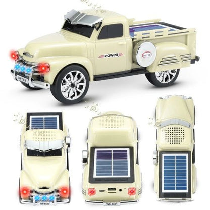 Boxa portabila Bluetooth masina vintage, radio FM, panou solar, lumini RGB, TWS, alb laptos