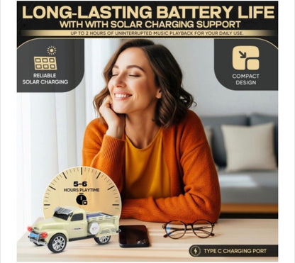 Boxa portabila Bluetooth masina vintage, radio FM, panou solar, lumini RGB, TWS, negru