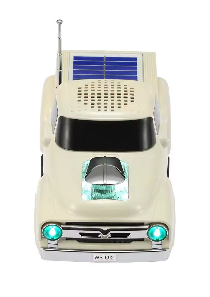 Boxa portabila Bluetooth masina vintage, radio FM, panou solar, lumini LED, alb laptos