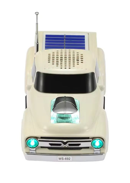 Boxa portabila Bluetooth masina vintage, radio FM, panou solar, lumini LED, alb laptos