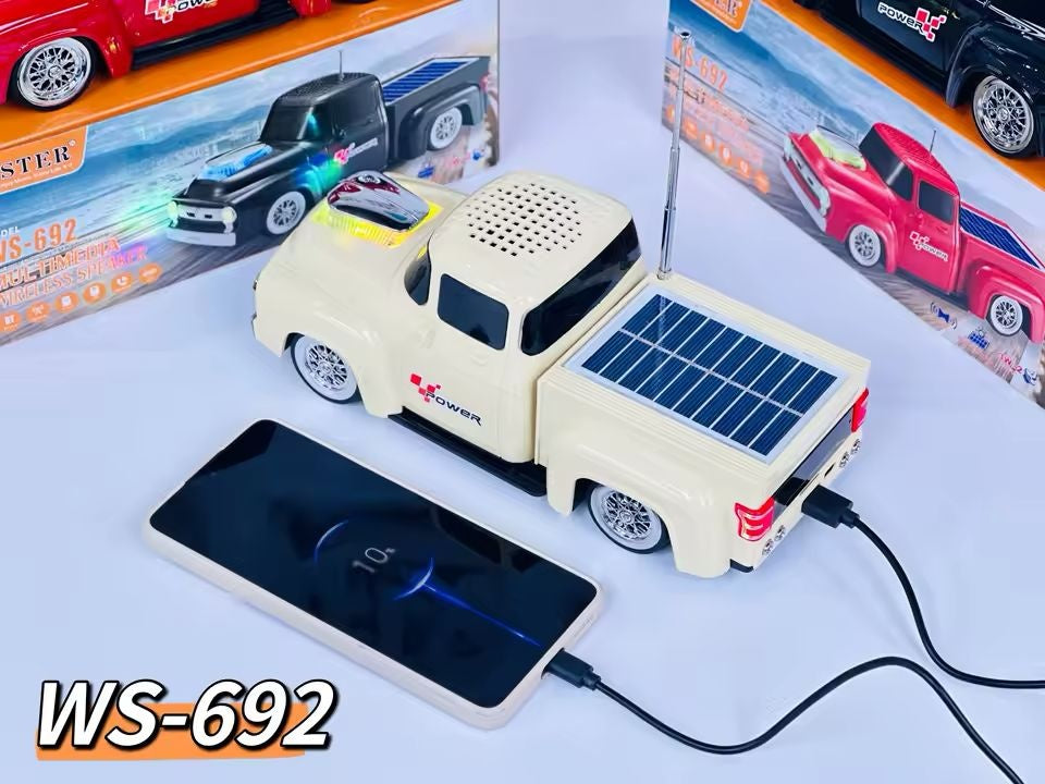 Boxa portabila Bluetooth masina vintage, radio FM, panou solar, lumini LED, alb laptos