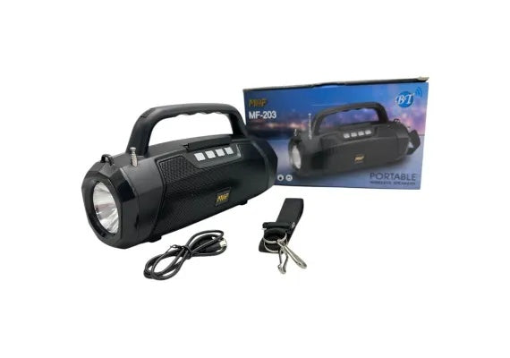 Boxa portabila Bluetooth MF-203 LED, 2x5W, baterie 1200mAh, radio FM, TF, AUX, USB, negru, difuzoare 52mm,