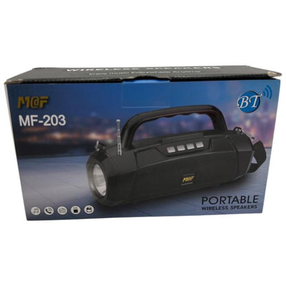 Boxa portabila Bluetooth MF-203 LED, 2x5W, baterie 1200mAh, radio FM, TF, AUX, USB, negru, difuzoare 52mm,