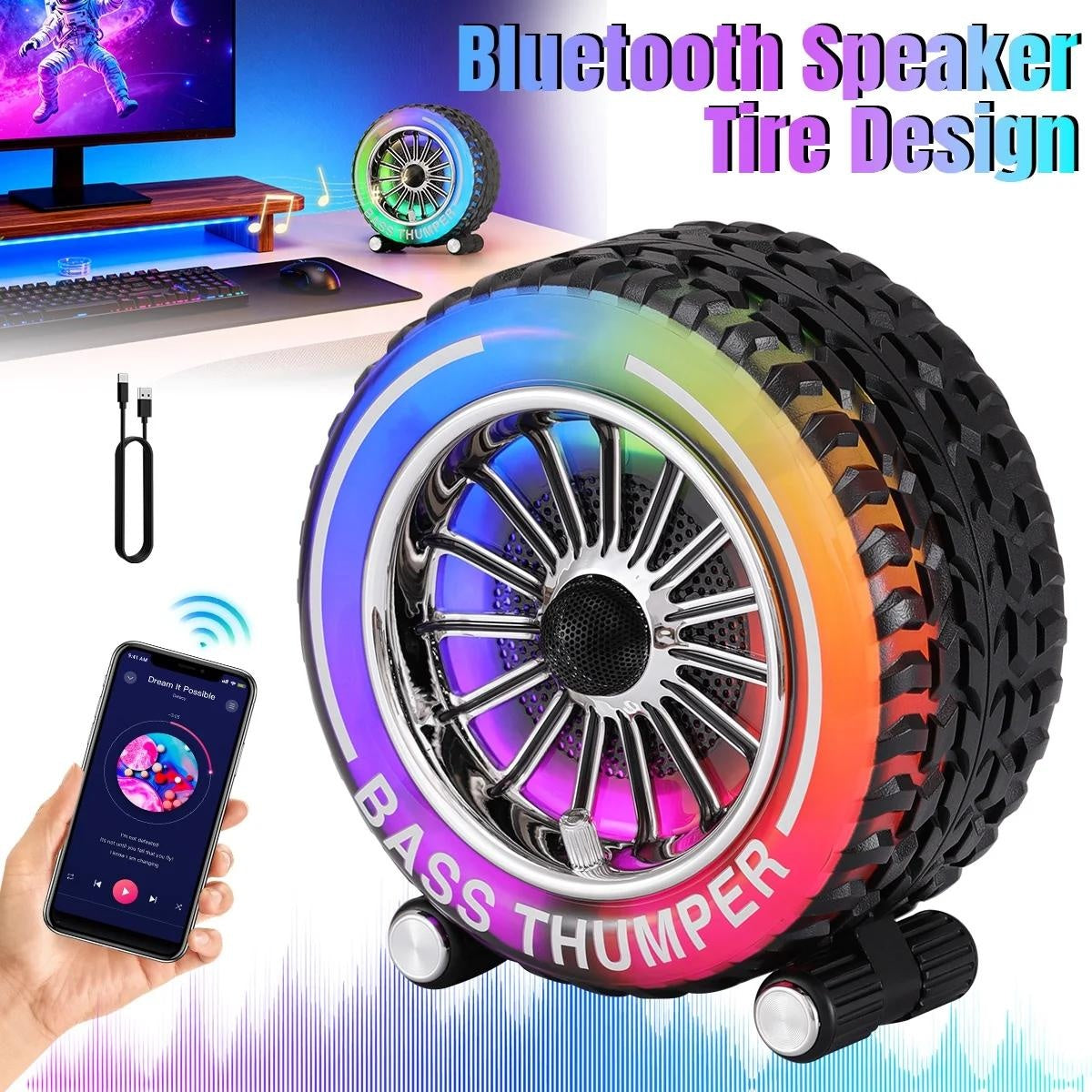 Boxa Portabila Bluetooth Tip Roata cu Lumini LED RGB, USB, FM Radio, Card TF