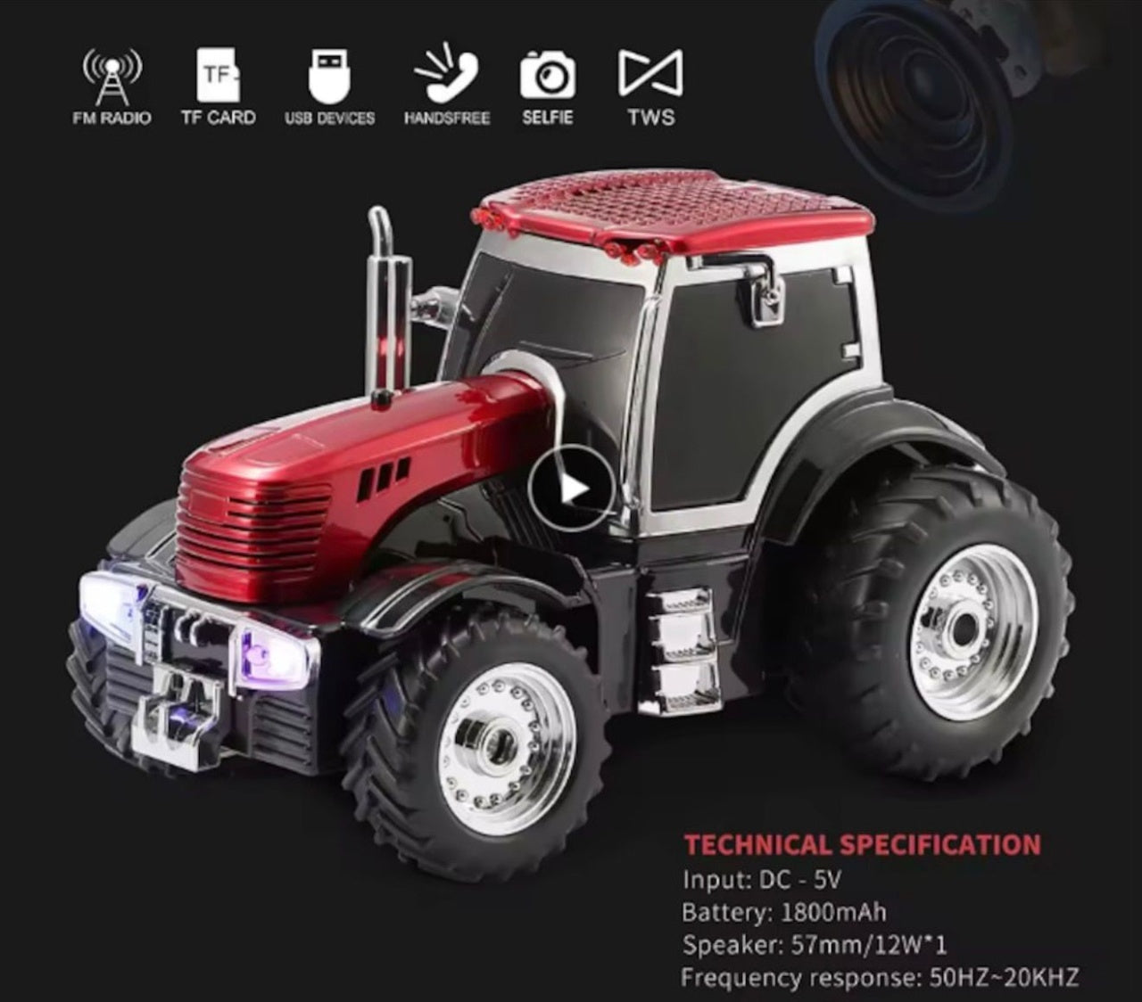 Boxa portabila Bluetooth tractor vintage, radio FM, USB, TF, AUX, TWS, lumini LED, rosu rubin