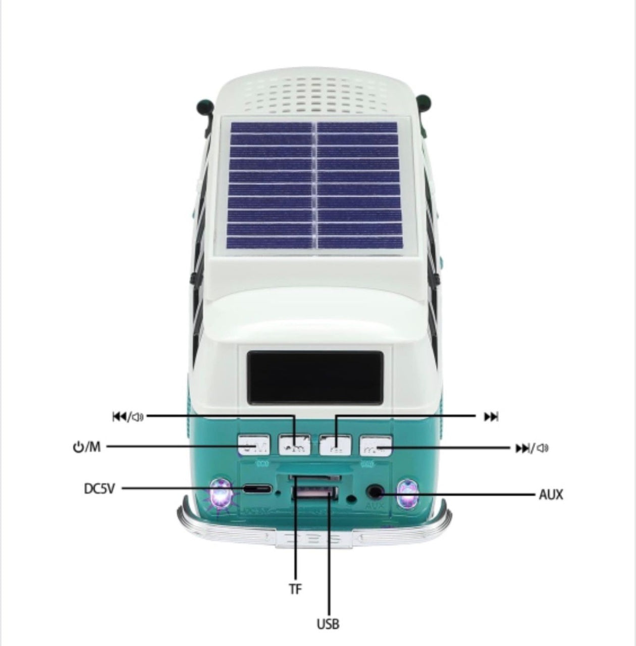 Boxă portabilă Bluetooth WSTER în formă de microbuz retro, cu încărcare solară, turcoaz
