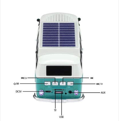 Boxă portabilă Bluetooth WSTER în formă de microbuz retro, cu încărcare solară, turcoaz