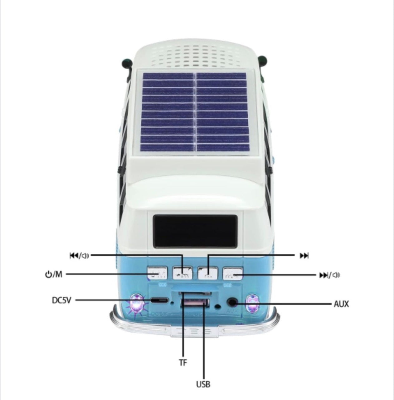 Boxă portabilă Bluetooth WSTER în formă de microbuz retro, cu încărcare solară, albastru