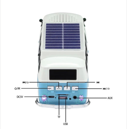 Boxă portabilă Bluetooth WSTER în formă de microbuz retro, cu încărcare solară, albastru