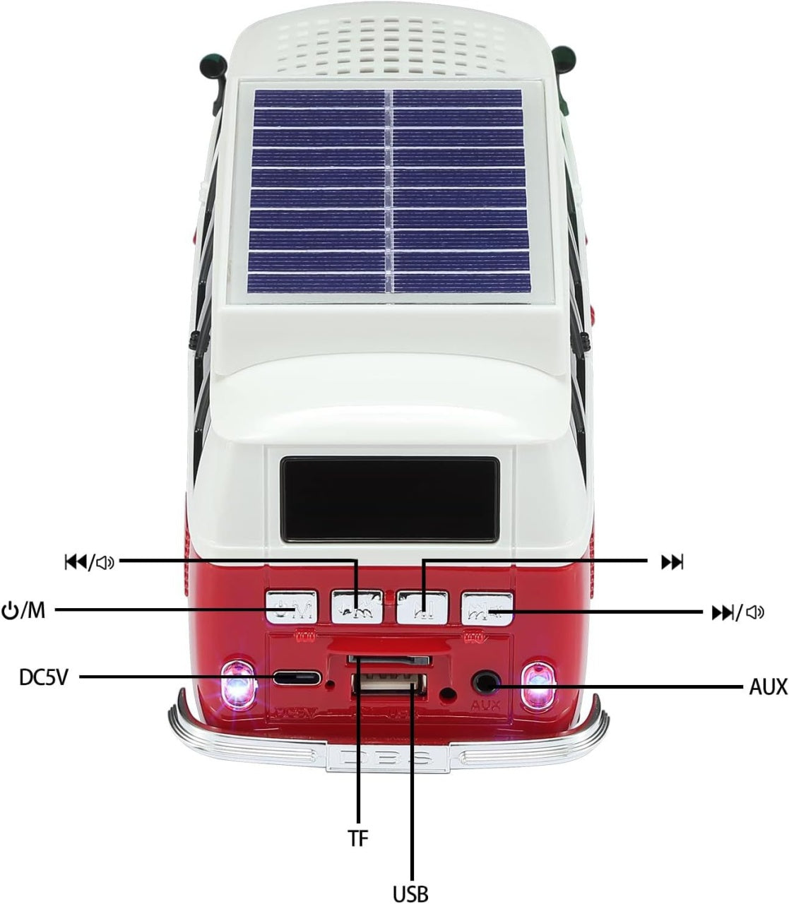 Boxă portabilă Bluetooth WSTER în formă de microbuz retro, cu încărcare solară, rosu