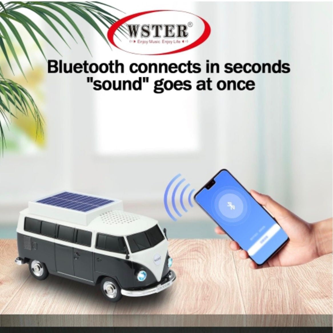 Boxă portabilă Bluetooth WSTER în formă de microbuz retro, cu încărcare solară, negru