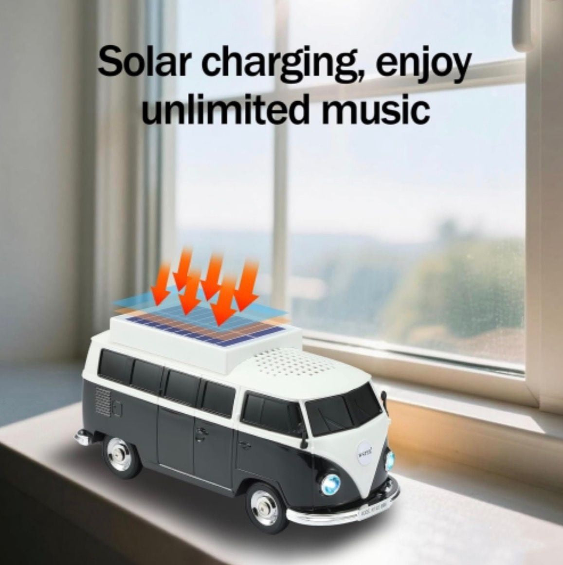 Boxă portabilă Bluetooth WSTER în formă de microbuz retro, cu încărcare solară, negru