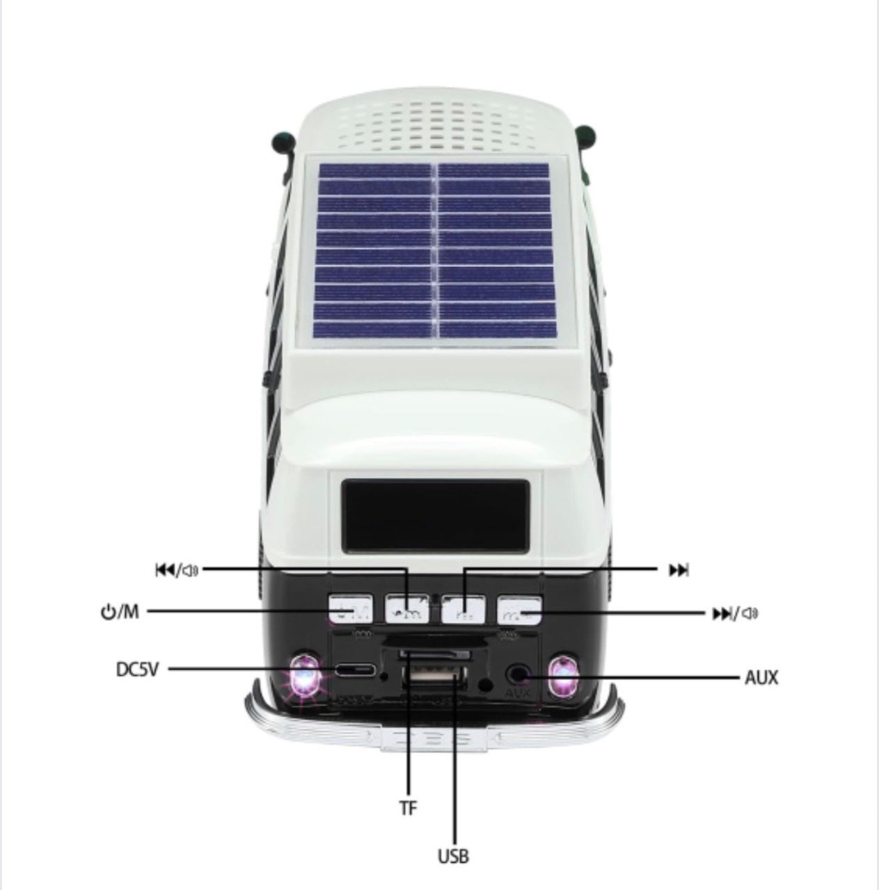 Boxă portabilă Bluetooth WSTER în formă de microbuz retro, cu încărcare solară, negru