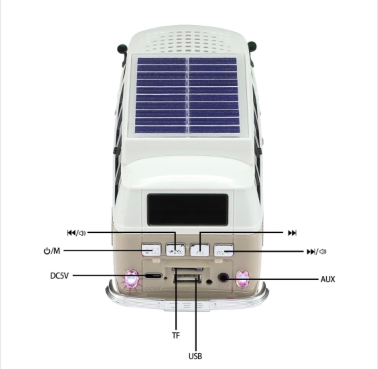 Boxă portabilă Bluetooth WSTER în formă de microbuz retro, cu încărcare solară, gri