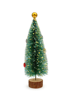 Brad decorativ mini cu lumini, globuri si baza din lemn , model cu sclipici, 32cm