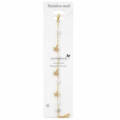 Brățară aurie Roxé cu flori delicate și perle, inoxidabil 17.5+5.5 cm