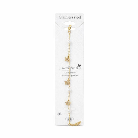 Brățară aurie Roxé cu flori delicate și perle, inoxidabil 17.5+5.5 cm