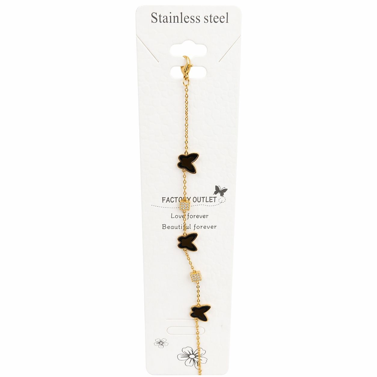 Bratara aurie Roxé cu fluturi negri si cristale, reglabila 16.5+3.5 cm
