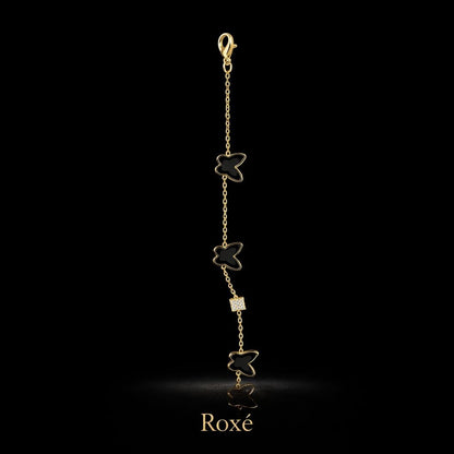 Bratara aurie Roxé cu fluturi negri si cristale, reglabila 16.5+3.5 cm