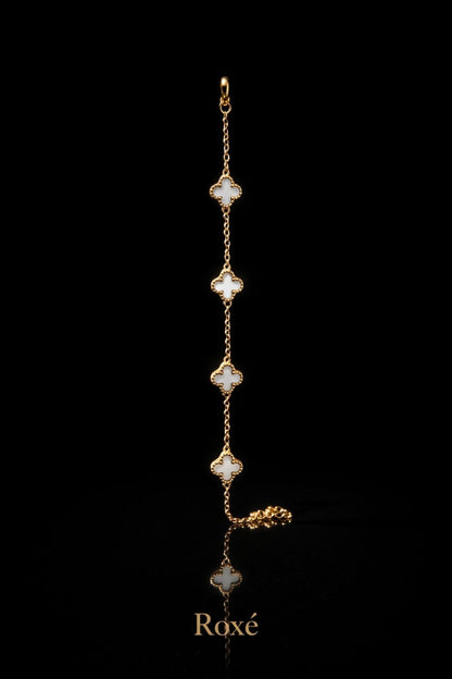 Brățară aurie Roxé cu simboluri albe elegante, reglabilă 18+5 cm