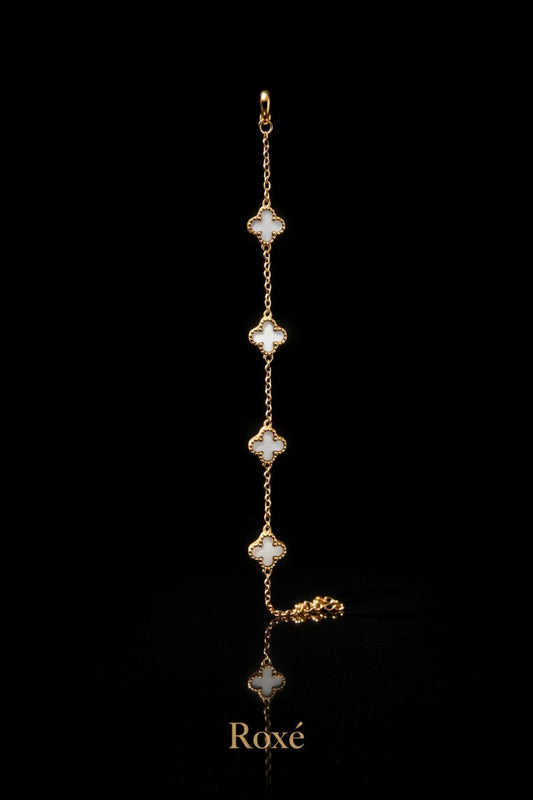 Brățară aurie Roxé cu simboluri albe elegante, reglabilă 18+5 cm