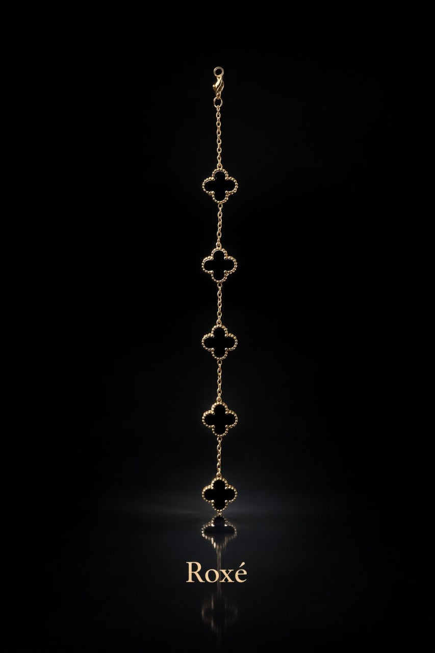 Brățară aurie Roxé cu trifoi negru elegant, inoxidabil, reglabilă 18+6.5 cm