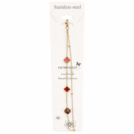 Bratara aurie Roxé cu trifoi rosu, roz si verde, reglabila 16+3 cm
