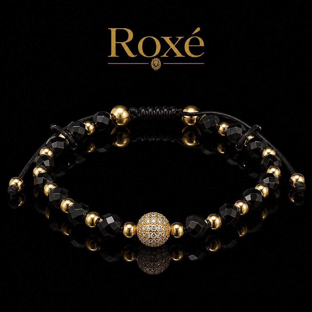 Bratara barbati Roxe reglabila margele negre/aurii si bila centrala eleganta