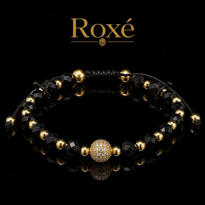 Bratara barbati Roxe reglabila margele negre/aurii si bila centrala eleganta