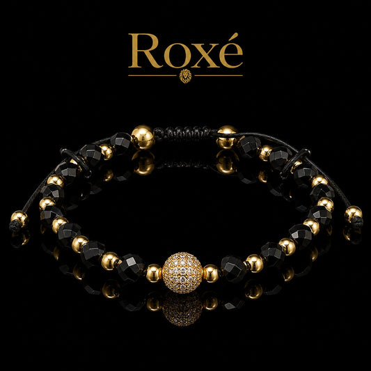Bratara barbati Roxe reglabila margele negre/aurii si bila centrala eleganta