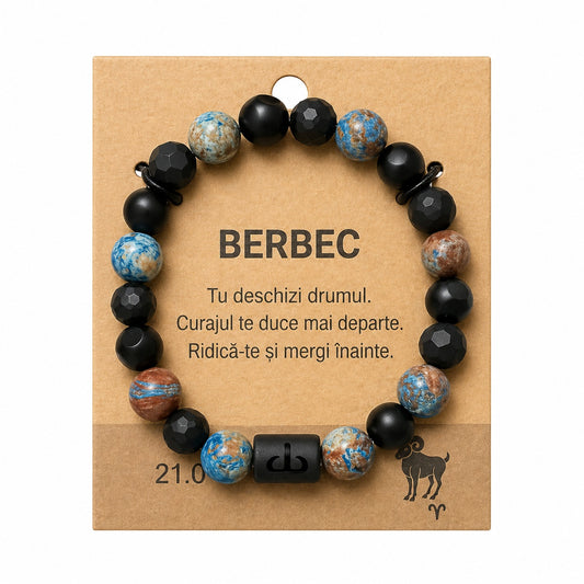 Bratara barbati Roxe zodia Berbec elastica cu margele negre si multicolor