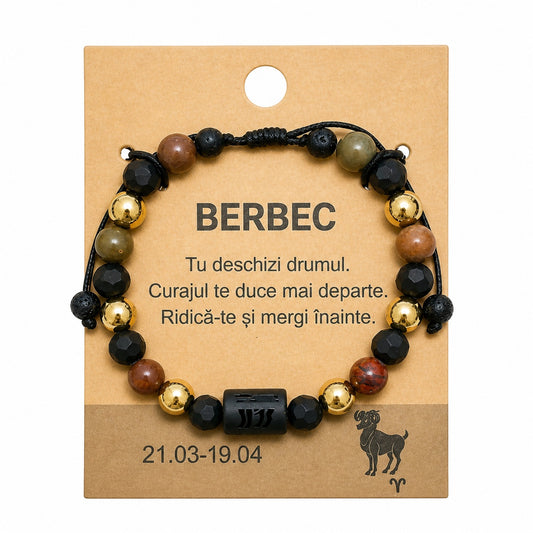 Bratara barbati Roxe zodia Berbec reglabila cu margele negre maro si accente aurii