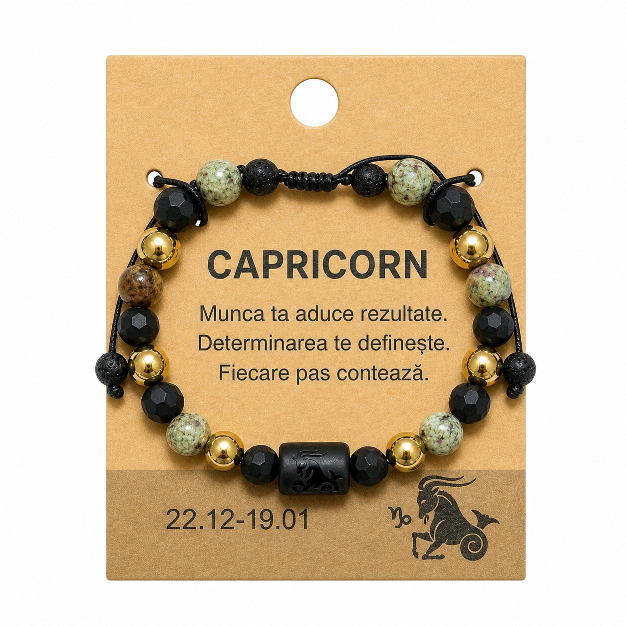 Bratara barbati Roxe zodia Capricorn reglabila cu margele negre verzi si accente aurii