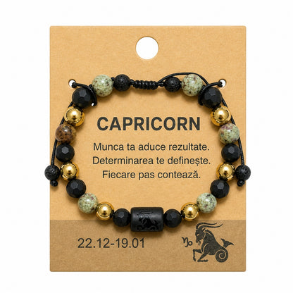 Bratara barbati Roxe zodia Capricorn reglabila cu margele negre verzi si accente aurii