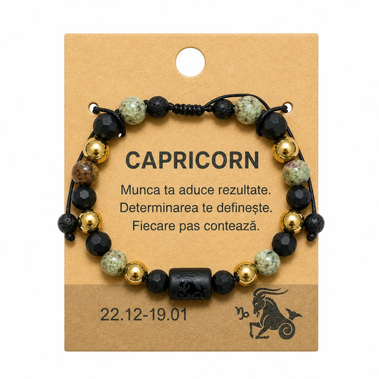 Bratara barbati Roxe zodia Capricorn reglabila cu margele negre verzi si accente aurii