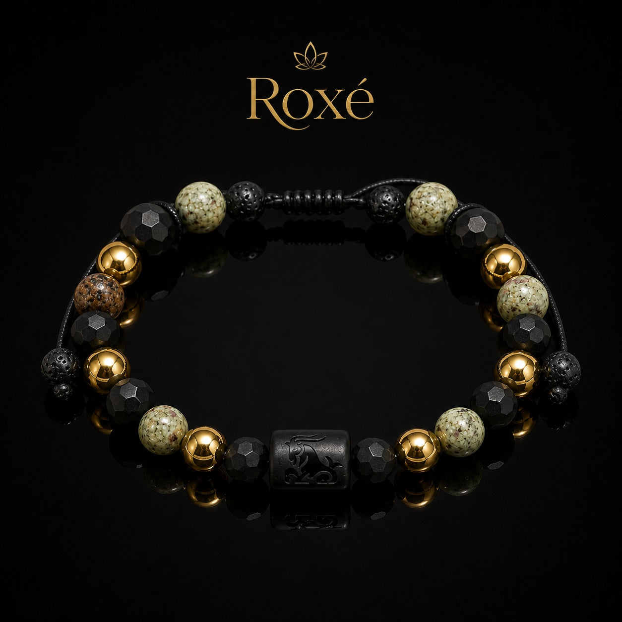 Bratara barbati Roxe zodia Capricorn reglabila cu margele negre verzi si accente aurii