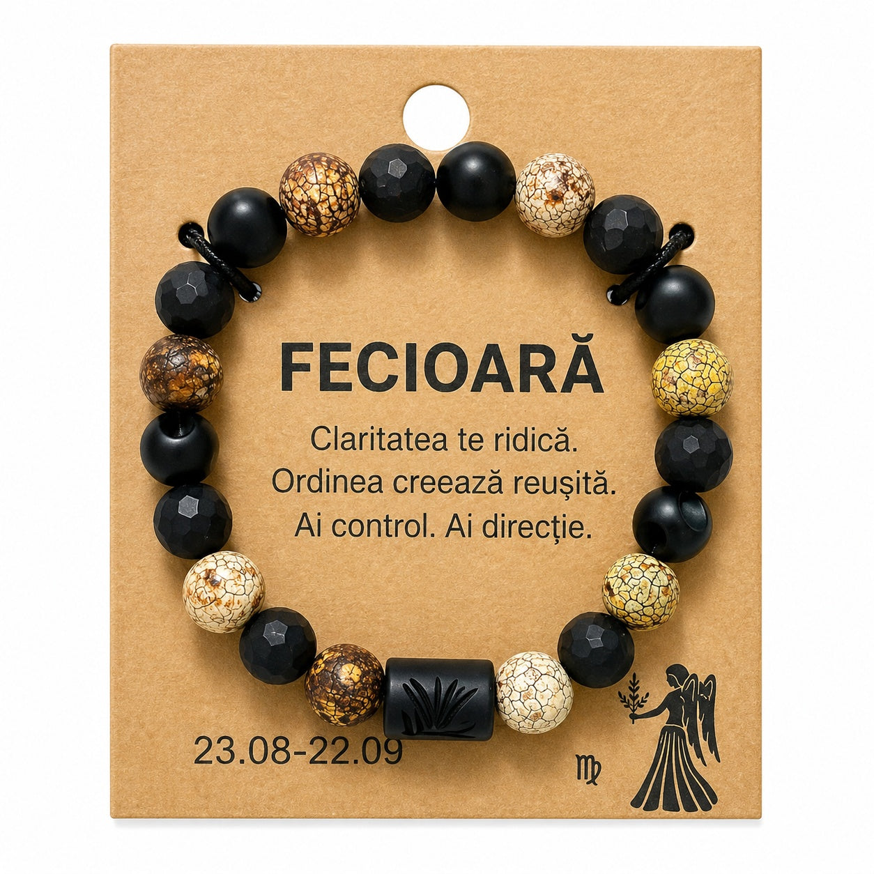 Bratara barbati Roxe zodia Fecioara elastica cu margele negre si crem