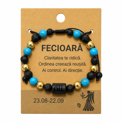 Bratara barbati Roxe zodia Fecioara reglabila cu margele negre turcoaz si accente aurii