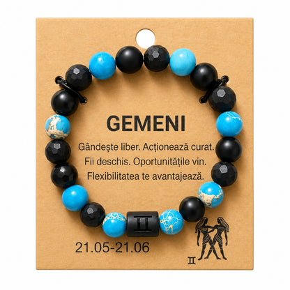 Bratara barbati Roxe zodia Gemeni elastica cu margele negre si albastre