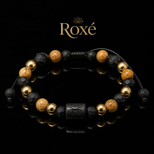 Bratara barbati Roxe zodia Rac reglabila cu margele negre maro si accente aurii