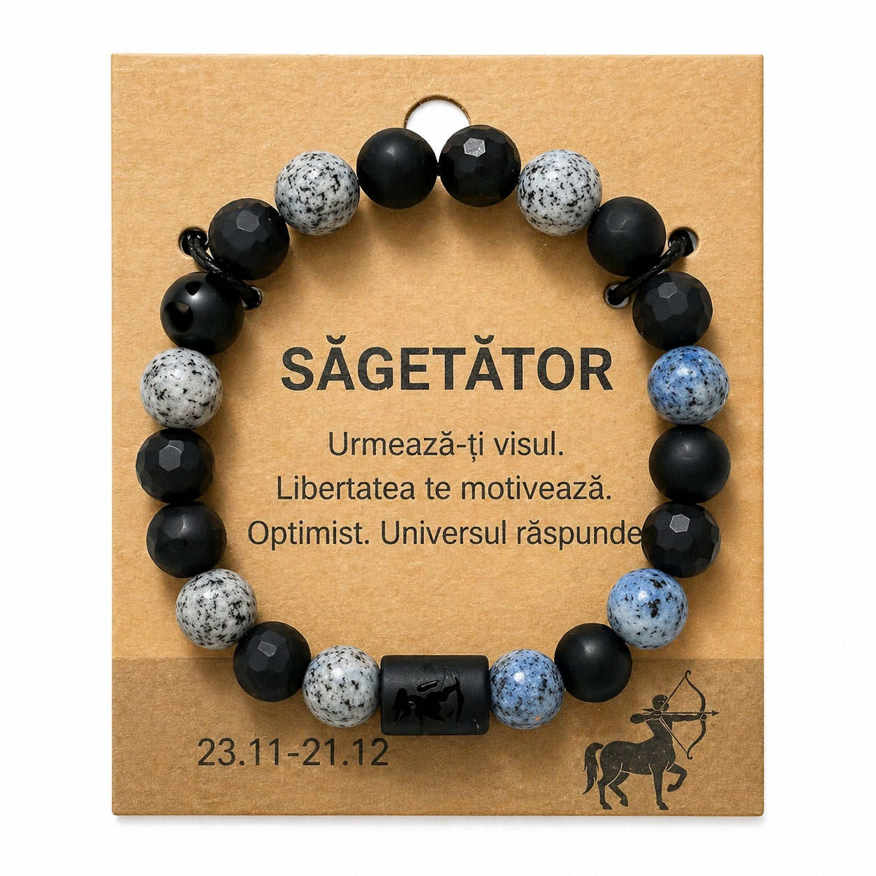 Bratara barbati Roxe zodia Sagetator elastica cu margele negre alb si albastru