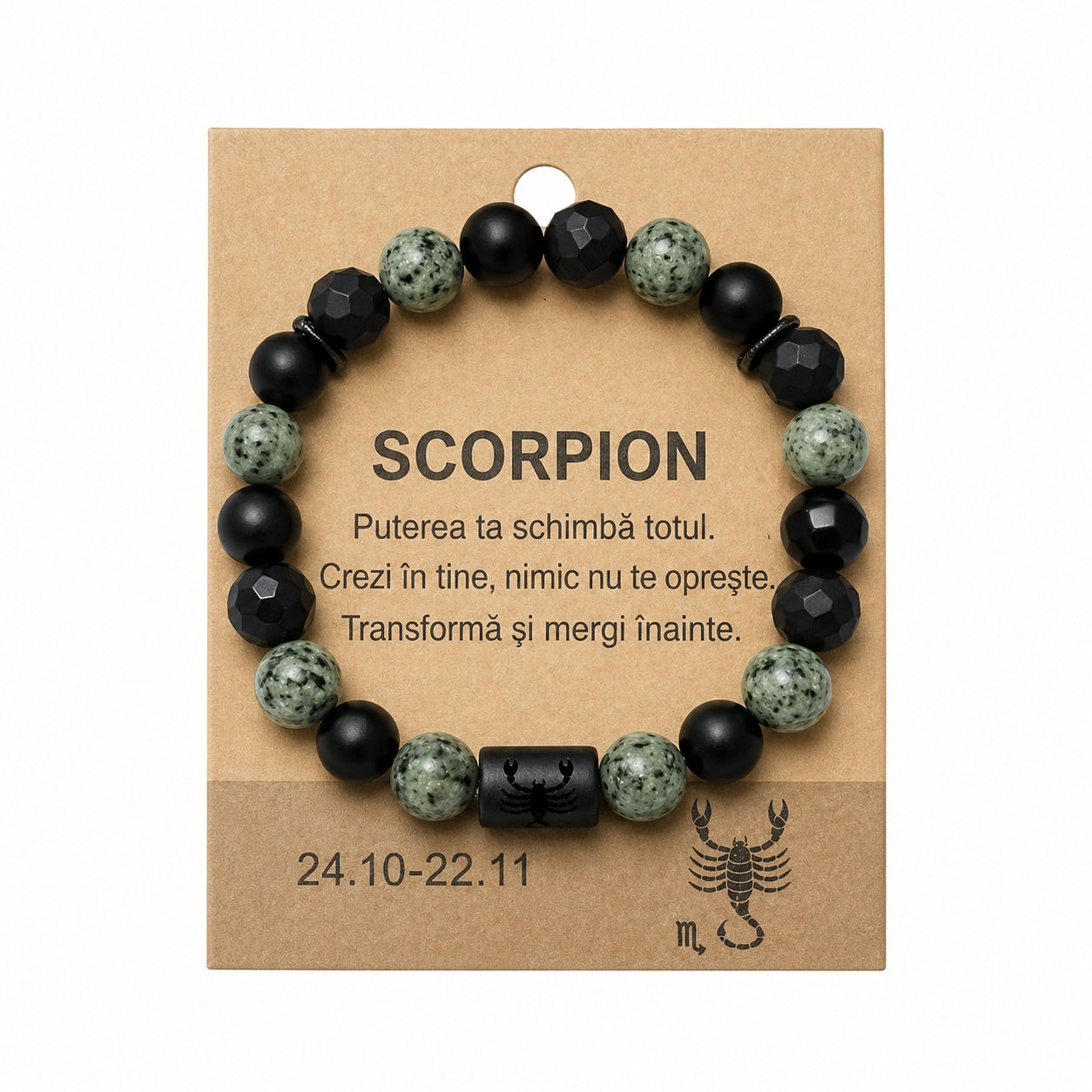 Bratara barbati Roxe zodia Scorpion elastica cu margele negre si verde natural