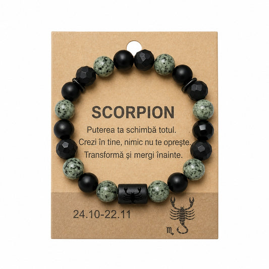 Bratara barbati Roxe zodia Scorpion elastica cu margele negre si verde natural