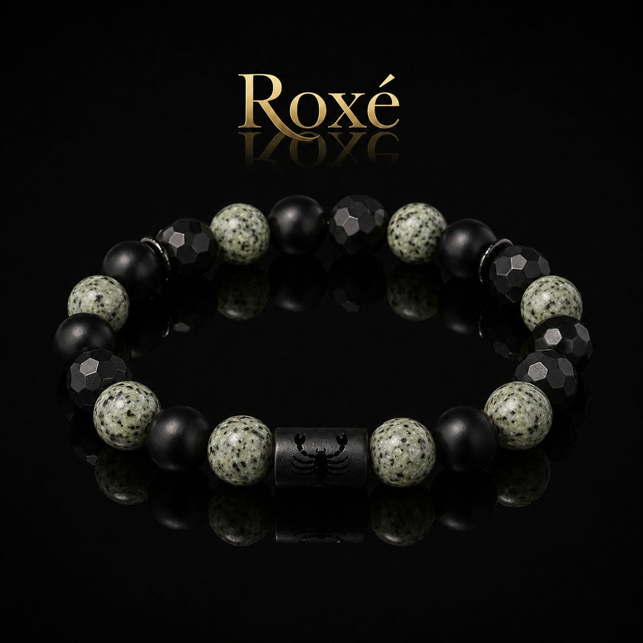 Bratara barbati Roxe zodia Scorpion elastica cu margele negre si verde natural